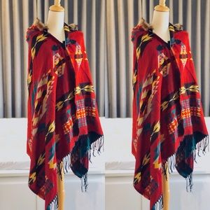 Bohemian Style Faux Fur Hooded Fringe Poncho Wrap